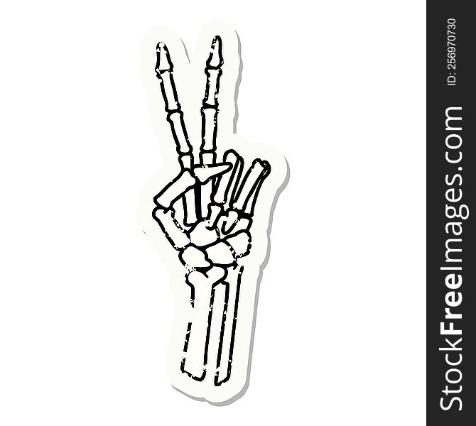 Traditional Distressed Sticker Tattoo Of A Skeleton Hand Giving A Peace Sign