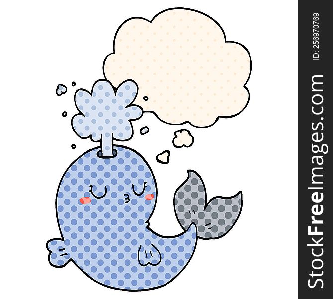 cartoon whale spouting water with thought bubble in comic book style