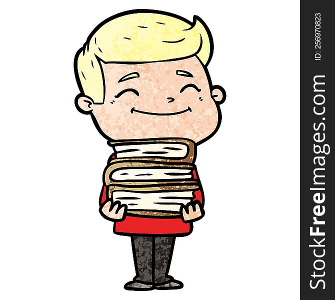 happy cartoon man with stack of books. happy cartoon man with stack of books
