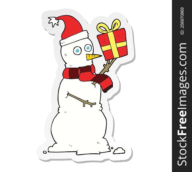 sticker of a cartoon snowman holding present