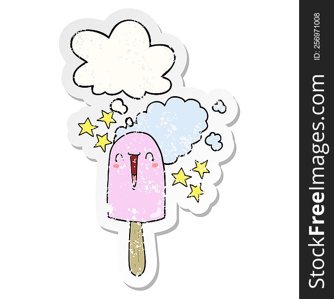 cute cartoon ice lolly with thought bubble as a distressed worn sticker