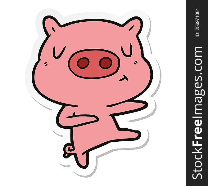 sticker of a cartoon content pig dancing