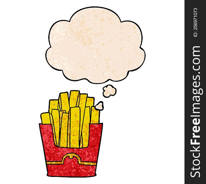 Cartoon Fries And Thought Bubble In Grunge Texture Pattern Style