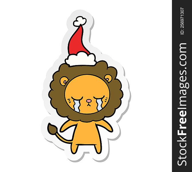 Crying Sticker Cartoon Of A Lion Wearing Santa Hat