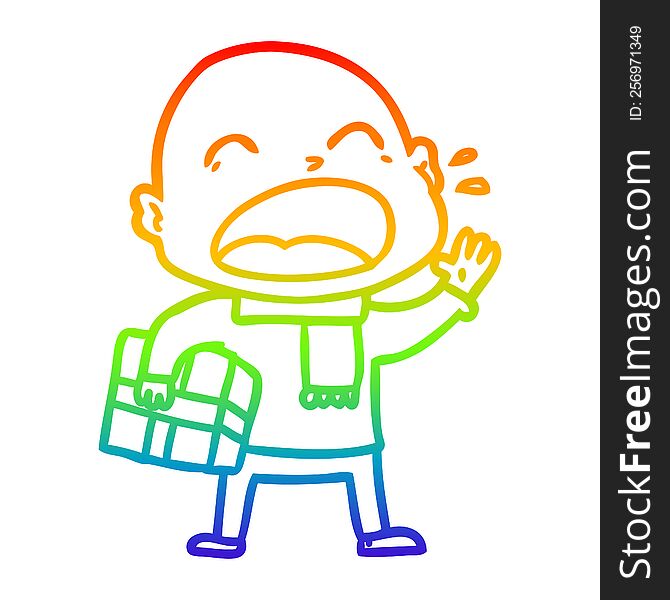 Rainbow Gradient Line Drawing Cartoon Shouting Bald Man With Present