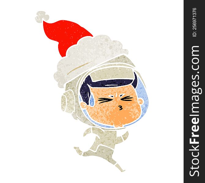 hand drawn retro cartoon of a stressed astronaut wearing santa hat