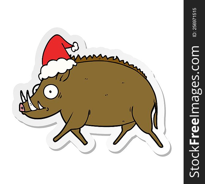 sticker cartoon of a wild boar wearing santa hat