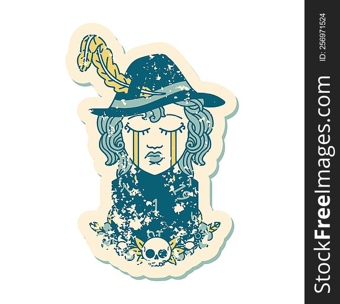 grunge sticker of a crying human bard with natural one D20 dice roll. grunge sticker of a crying human bard with natural one D20 dice roll