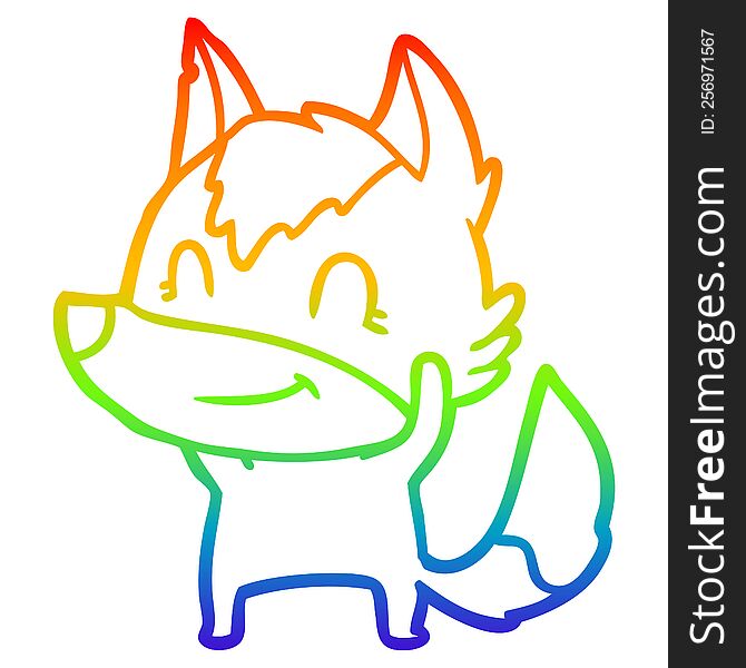 Rainbow Gradient Line Drawing Friendly Cartoon Wolf