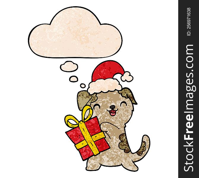 cute cartoon puppy with christmas present and hat and thought bubble in grunge texture pattern style
