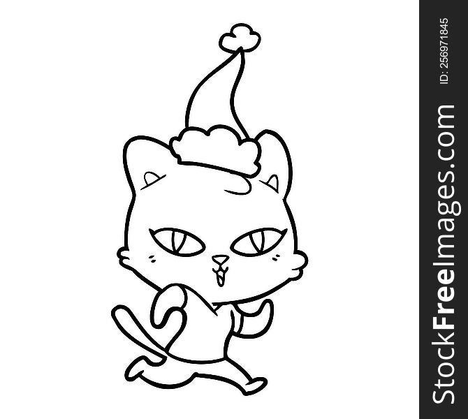 Line Drawing Of A Cat Out For A Run Wearing Santa Hat