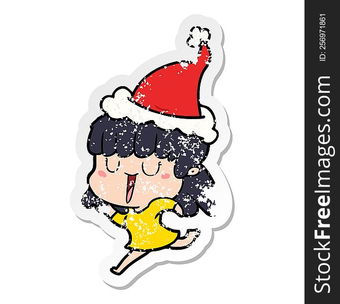 Distressed Sticker Cartoon Of A Woman Wearing Santa Hat