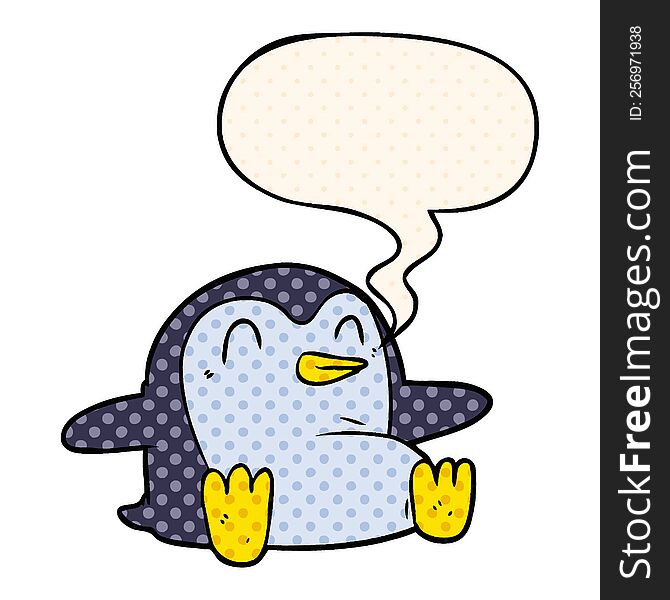 Cartoon Penguin And Speech Bubble In Comic Book Style