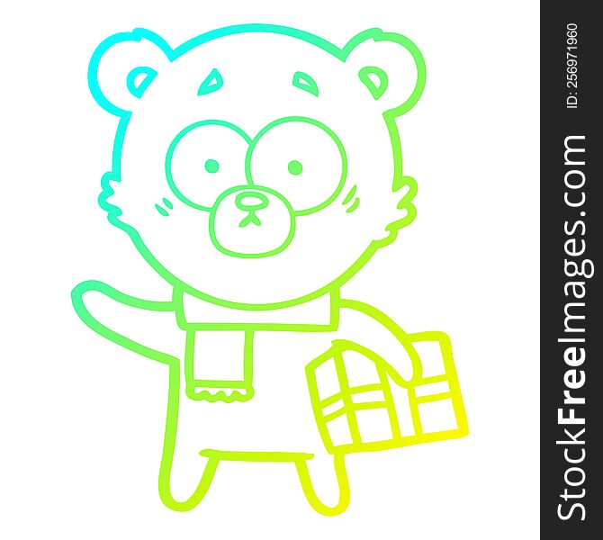 cold gradient line drawing of a nervous christmas bear cartoon