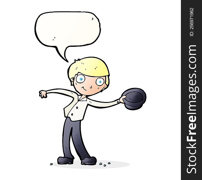 cartoon man tipping hat with speech bubble