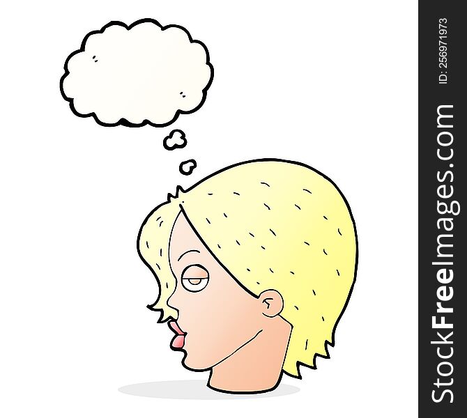 cartoon woman raising eyebrow with thought bubble