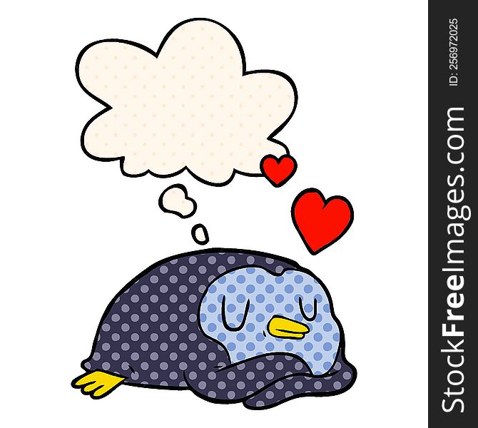 cartoon penguin in love with thought bubble in comic book style