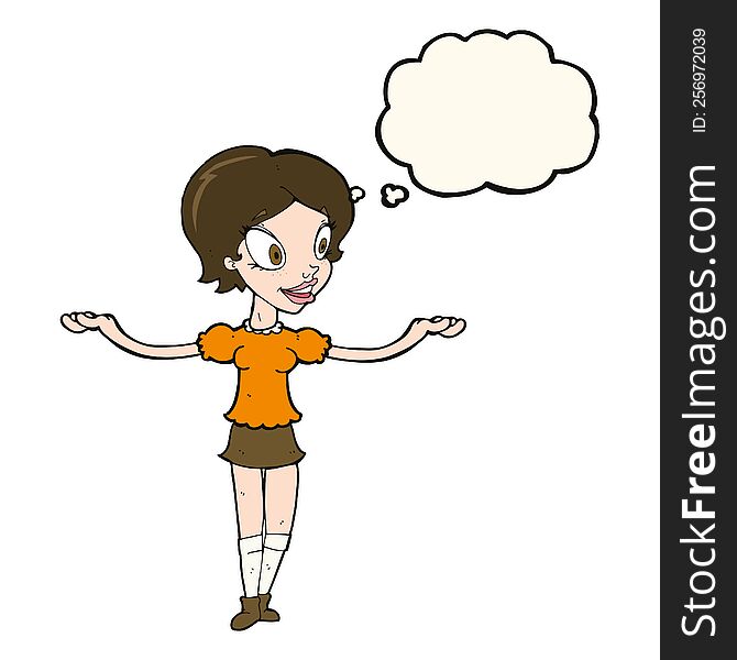 Cartoon Woman With Arms Spread Wide With Thought Bubble