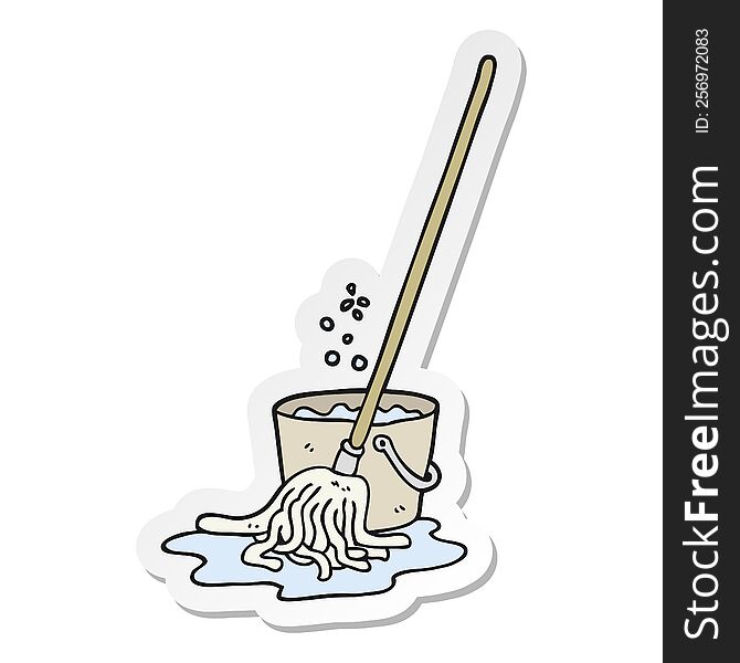 Sticker Of A Cartoon Mop And Bucket