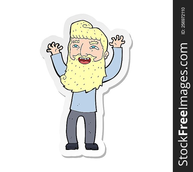 Sticker Of A Cartoon Happy Bearded Man Waving Arms