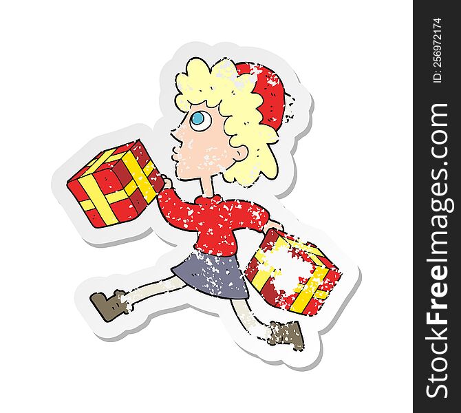 Retro Distressed Sticker Of A Cartoon Running Woman With Presents