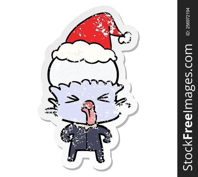 Weird Distressed Sticker Cartoon Of A Alien Wearing Santa Hat