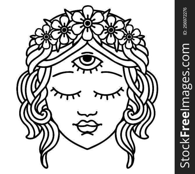 tattoo in black line style of female face with third eye and crown of flowers. tattoo in black line style of female face with third eye and crown of flowers