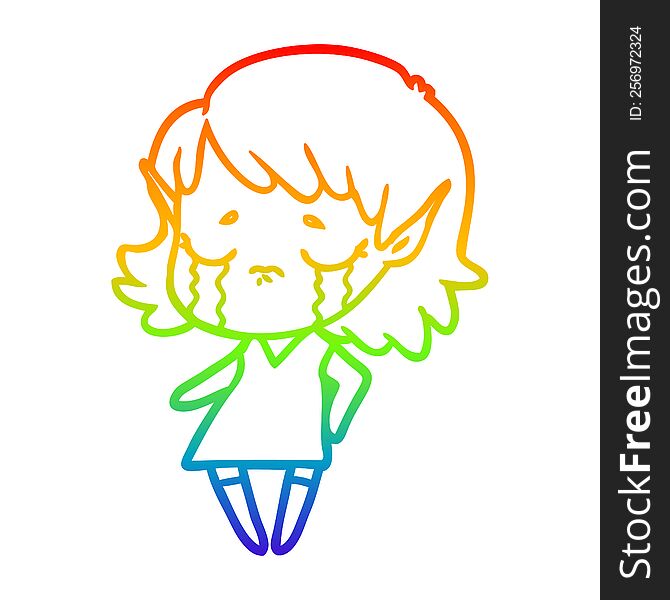 Rainbow Gradient Line Drawing Crying Cartoon Elf Girl