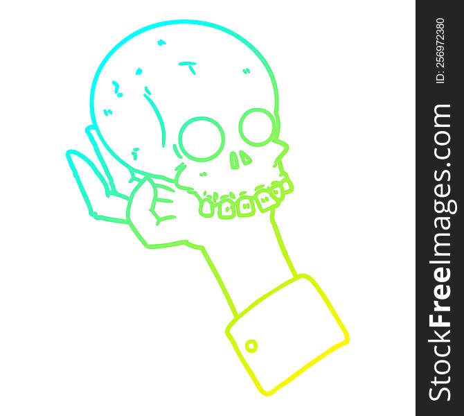 cold gradient line drawing of a cartoon hand holding skull