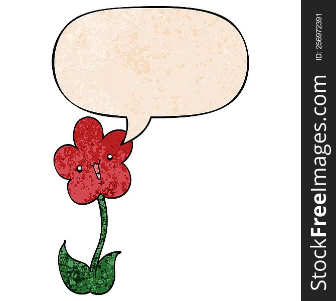 cartoon flower with speech bubble in retro texture style