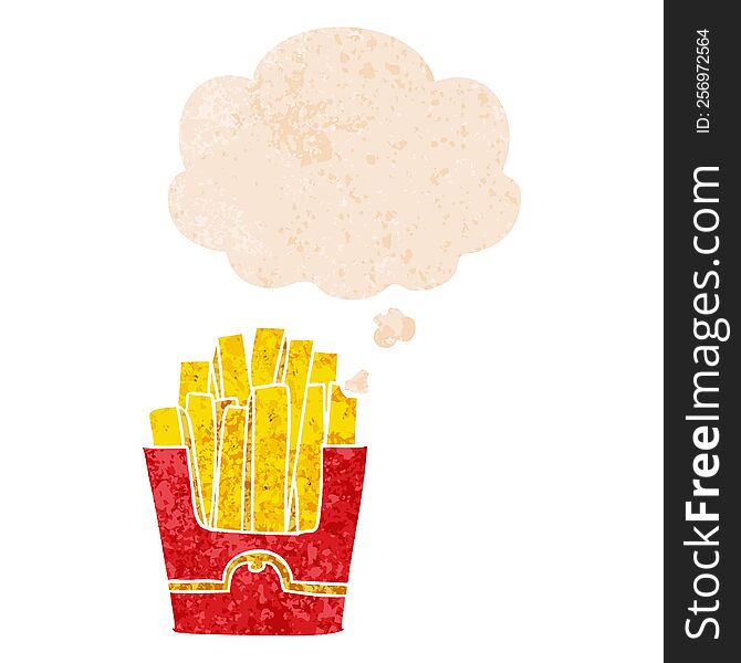 Cartoon Fries And Thought Bubble In Retro Textured Style