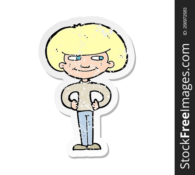 retro distressed sticker of a cartoon boy with hands on hips