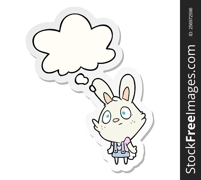 cartoon rabbit shrugging shoulders with thought bubble as a printed sticker