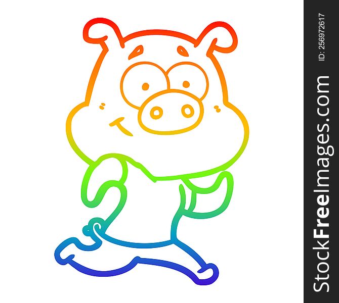 rainbow gradient line drawing of a happy cartoon pig running