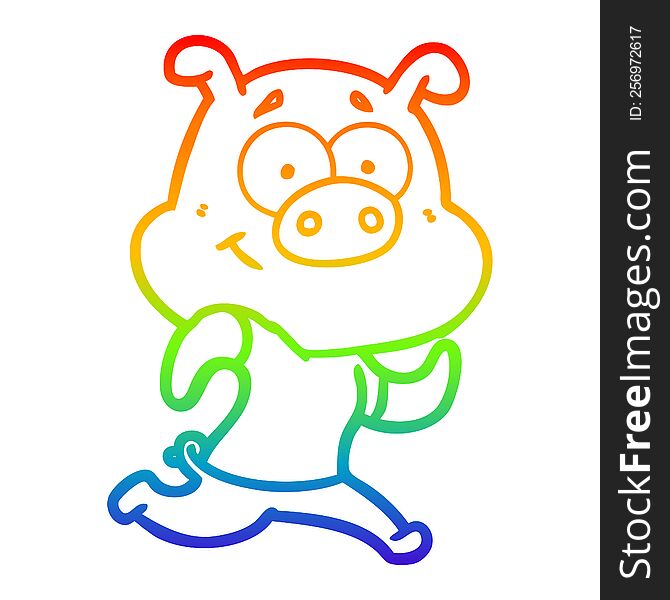 Rainbow Gradient Line Drawing Happy Cartoon Pig Running