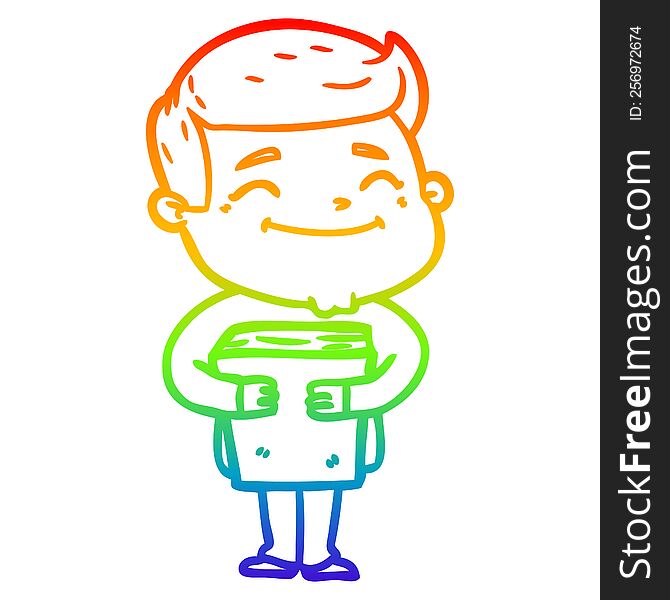 rainbow gradient line drawing of a happy cartoon man holding book