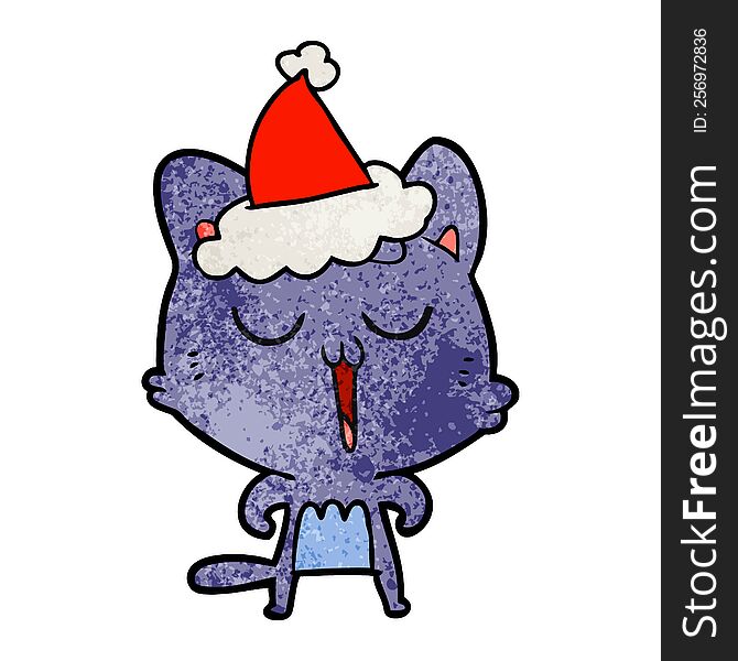 Textured Cartoon Of A Cat Singing Wearing Santa Hat