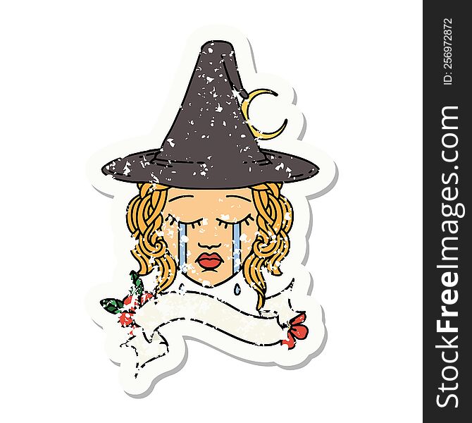 grunge sticker of a human witch character face. grunge sticker of a human witch character face