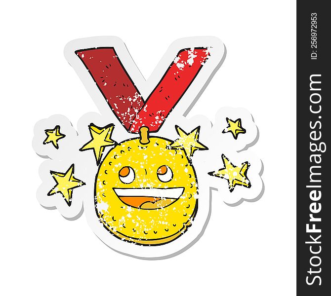 retro distressed sticker of a cartoon happy sports medal
