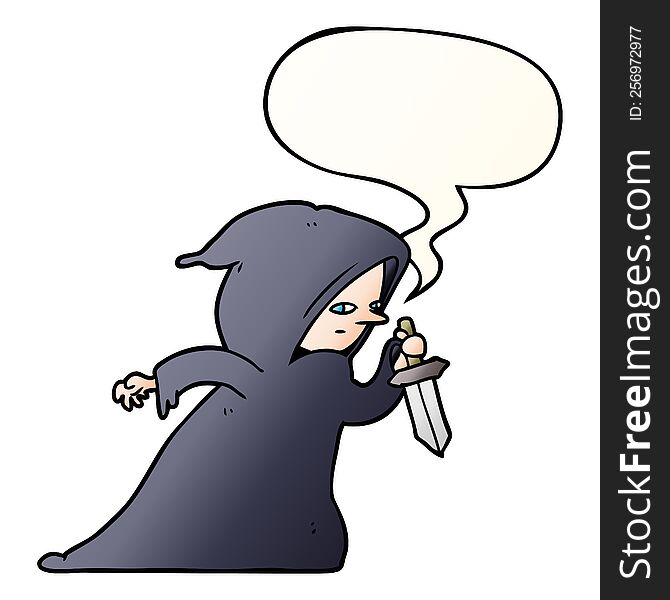 cartoon assassin in dark robe with speech bubble in smooth gradient style