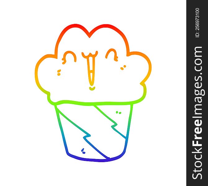 rainbow gradient line drawing of a cartoon cupcake with face