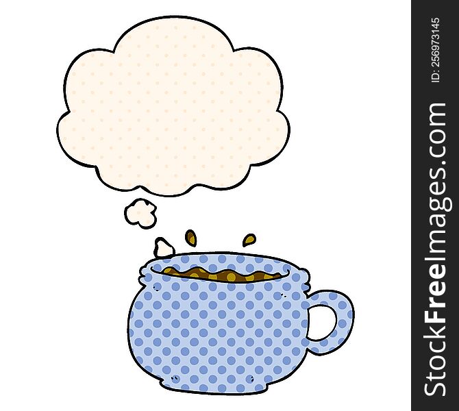 cartoon hot cup of coffee with thought bubble in comic book style