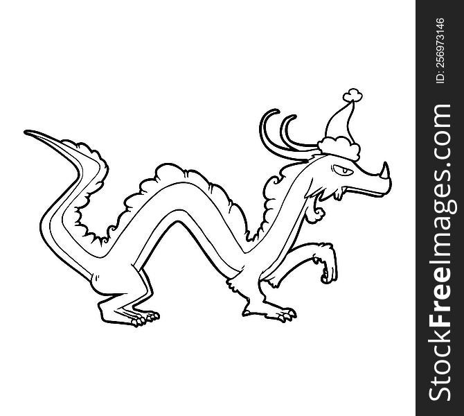 hand drawn line drawing of a dragon wearing santa hat