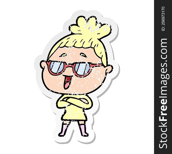 Distressed Sticker Of A Cartoon Happy Woman Wearing Spectacles