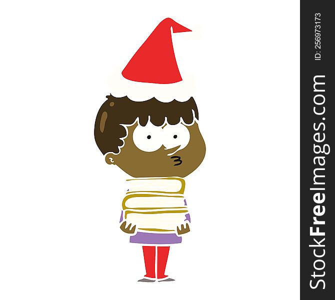 hand drawn flat color illustration of a curious boy with lots of books wearing santa hat