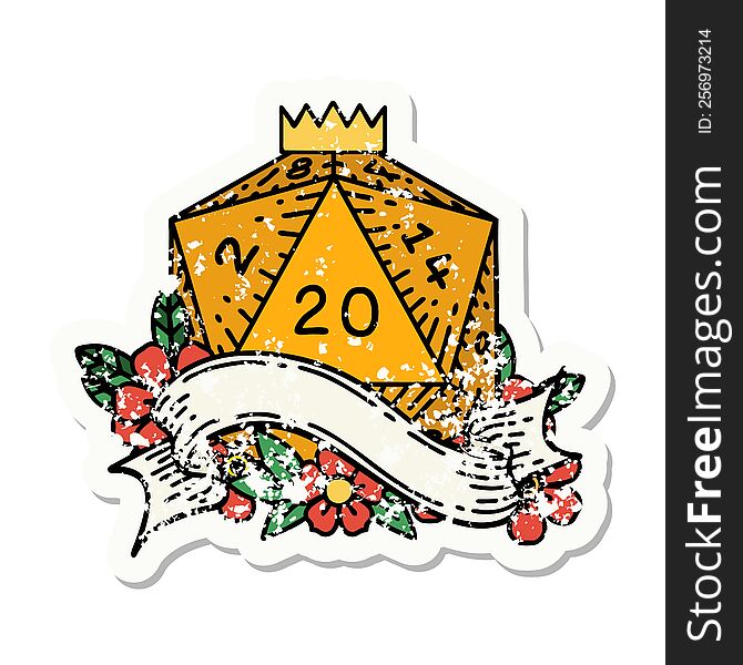 grunge sticker of a natural twenty D20 dice roll. grunge sticker of a natural twenty D20 dice roll