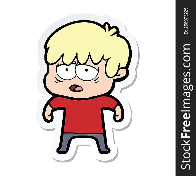 sticker of a cartoon exhausted boy
