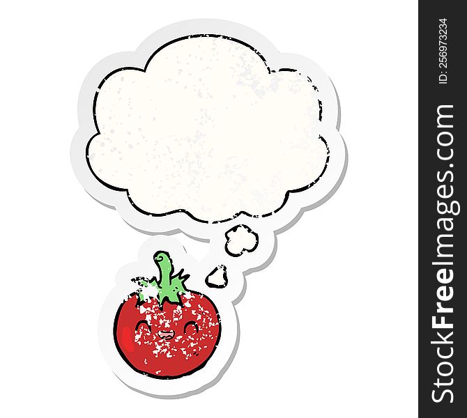 Cute Cartoon Tomato And Thought Bubble As A Distressed Worn Sticker