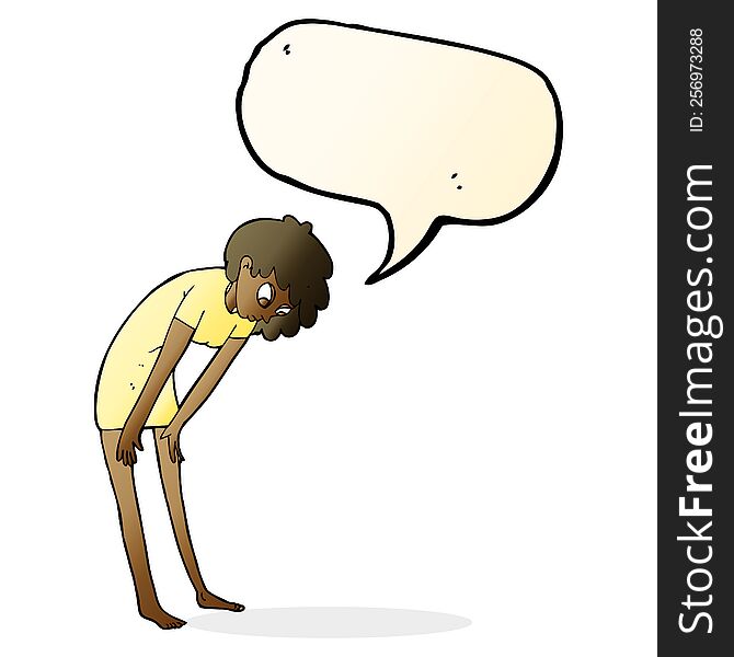 cartoon woman looking at her feet with speech bubble