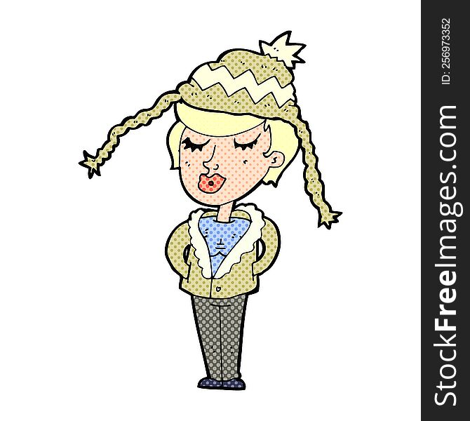 cartoon woman wearing winter hat
